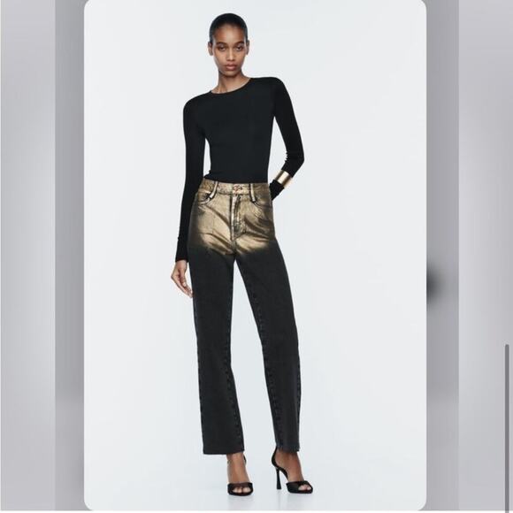 Zara Black and Metallic Gold HIGH WAIST Z1975 STRAIGHT LEG FOIL JEANS - Picture 6 of 11